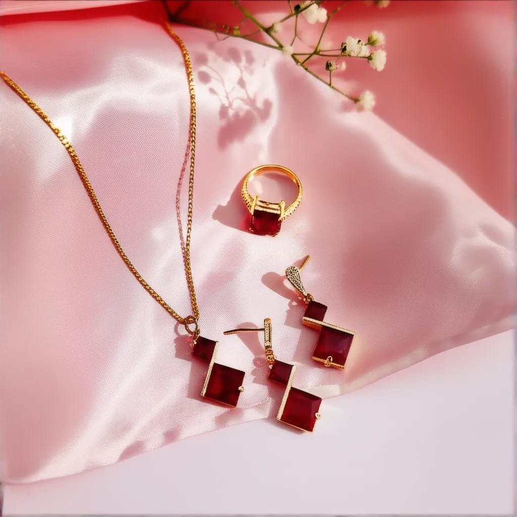 Gold Plated Zircon locket Combo Set With Adjustable Rings