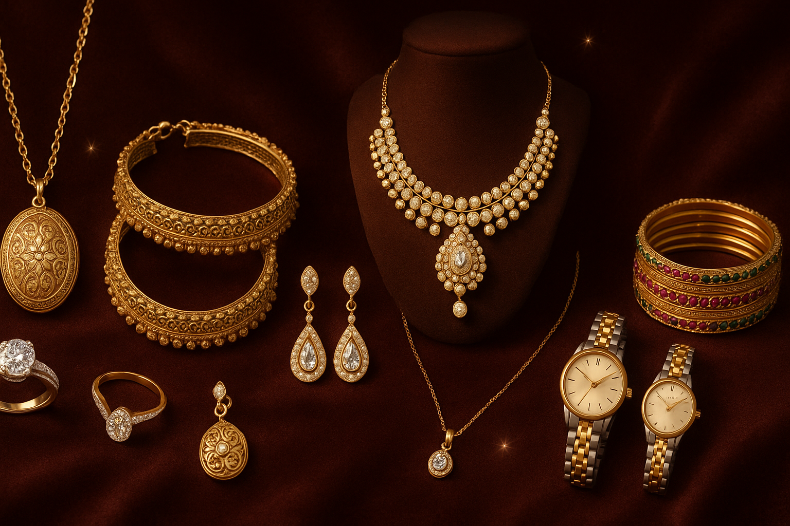 mera jewelry store hai mujhe uske liye ekbannerchahiye jis me locket combo set , pazeb , ring, earring, bridal set, pendant, watch, or bangle sb dekhen is banner me